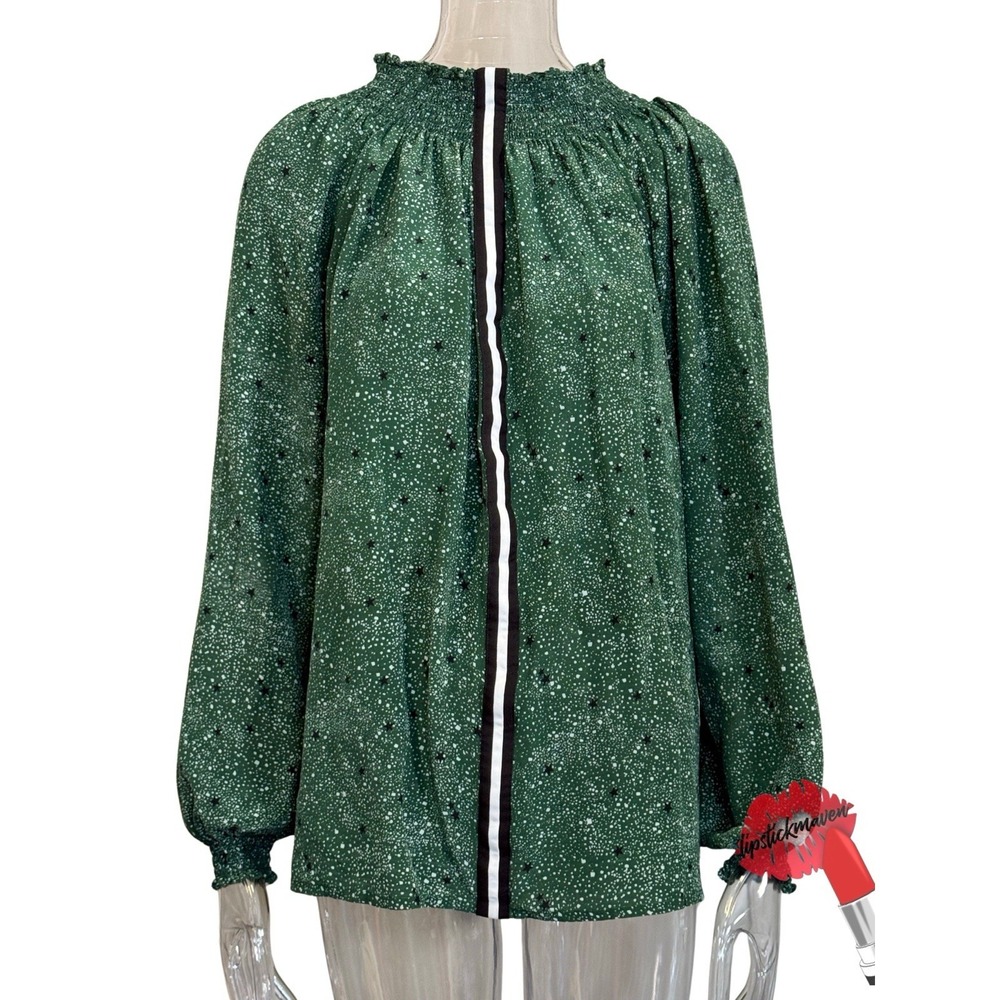 Rungolee Top Women XL Green Stars Shirt Flowy Smocked Silk‎ Boho Laggenlook